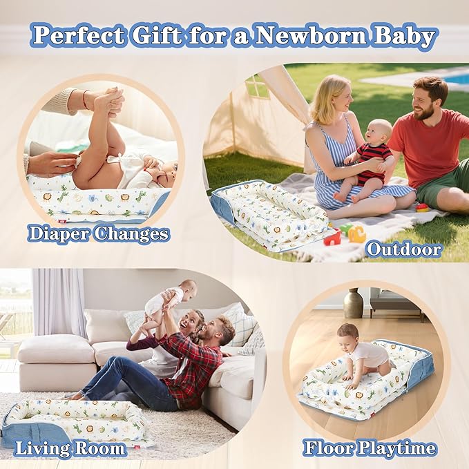 Baby Lounger for Newborn-Portable Baby Lounger 0-24 Months for Home and Travel,Newborn Loungers with Strap, Baby Nest Lounger Adjustable Size,Animal World Blue