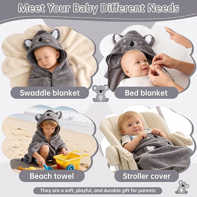 Hooded Baby Towel, Premium Soft Coral Fleece Baby Towel for Baby, Newborns, Toddlers, Infant- Ultra Absorbent, Natural Baby Stuff Towel with Hood for Boys and Girls (Gray Koala)