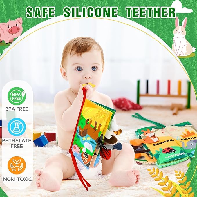 BBWOO Soft Baby Book Toy - Newborn Boy Girl Shower Gift - Tummy Time Toy for Infant 0-6 6-12 Months - Touch and Feel Sensory Crinkle Book with Teether - Baby Boy Girl Gift - Easter Basket Stuffers
