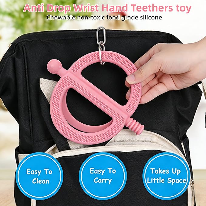 3 Pack Baby Teething Toys, Anti Dropping Wrist Hand Teethers & Easy-Grip Teether Ring, Food-Grade Silicone for Teething Relief, Newborn Essentials Chew Toys 0-12 Months(Blue&Pink&Green)