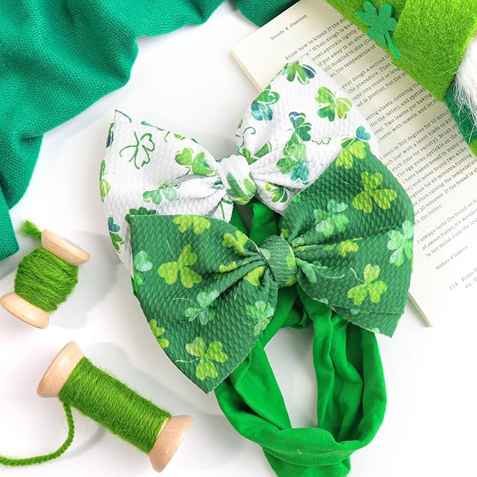 YanJie St.Patrick's Day Baby Girl Bows Green Clover Headbands Shamrock Newborn Hair Bow Hairband St Patrick's Big Bows Headbands Hair Accessories Gift