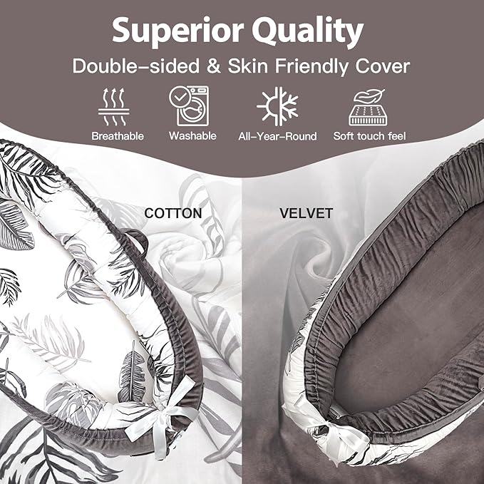 Baby Lounger-Breathable and Soft Organic 100% Cotton, Portable Infant Lounger with Removable Lounger Cover, Baby nest Lounger for Newborn - Grey Leaves