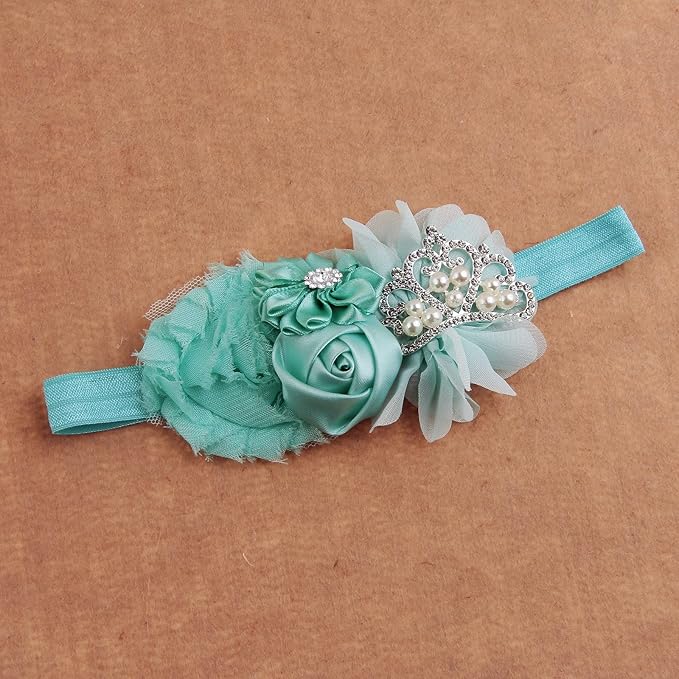 Nishine Baby Christening Headband Toddler Girls Fabric Flower Headband Tiara Stretchy Elastic in Pairs (Child, White/Mint)
