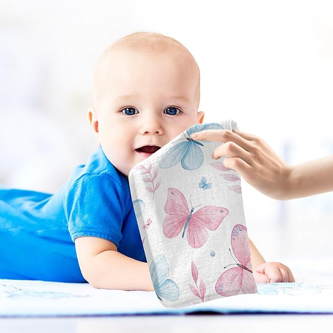 Burbuja Cute Butterflies Baby Washcloths - Muslin Cotton Soft Absorbent Baby Towel for Newborn Baby Sensitive Skin - Baby Essential Item, 12x12 in, 5 Pack