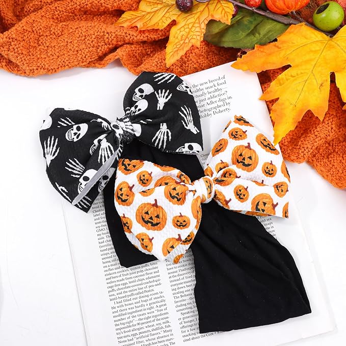 YanJie 6'' 2PCS Halloween Hair Bows Baby Girls Headbands Pumpkin Accessories Black Ghost Baby Bows Newborn Bows Nylon Hair Bows Toddler Headband