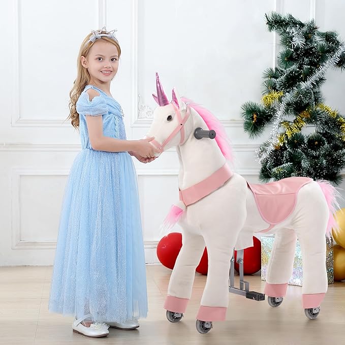 Ride on Unicorn Toys, Kids Ride on Horse Riding Horse Toys Ride on Toys for 3-5 Years Old, Premium Plush Animals Toys Walking Horse with Wheels 29.92" L x 9.84" W x 31.12" H