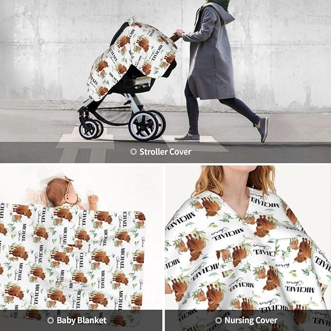 Personalized Baby Car Seat Canopy for Babies, Custom Name Cute Cow Baby Car Seat Covers for Boys and Girls, Opening Minky Nursing Breastfeeding Cover for Infant, Carseat Canopies for Newborn