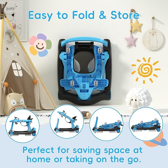 Betterhood 6-in-1 Foldable Baby Walker with Adjustable Height & Speed, Airplane-Themed Activity Push Walker with Music & Lights, Wheels, Anti-Slip Design, Suitable for Boys & Girls Aged 6-18 Months