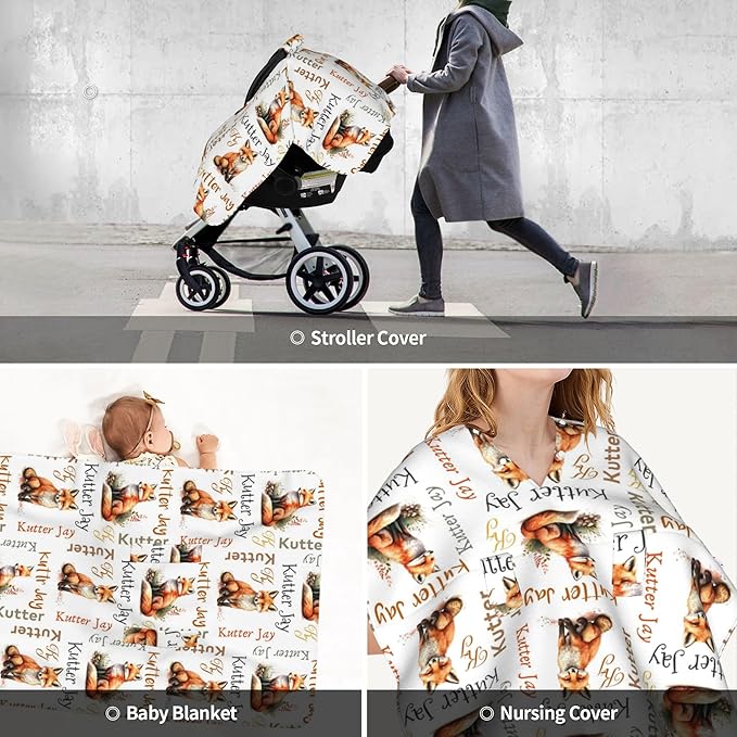 Personalized Winter Carseat Cover for Baby Custom Name Car Seat Canopy for Newborn Baby Boys Girls 2 in 1 Mom Nursing Breastfeeding Covers Fox Minky Baby Carrier Stroller Covers