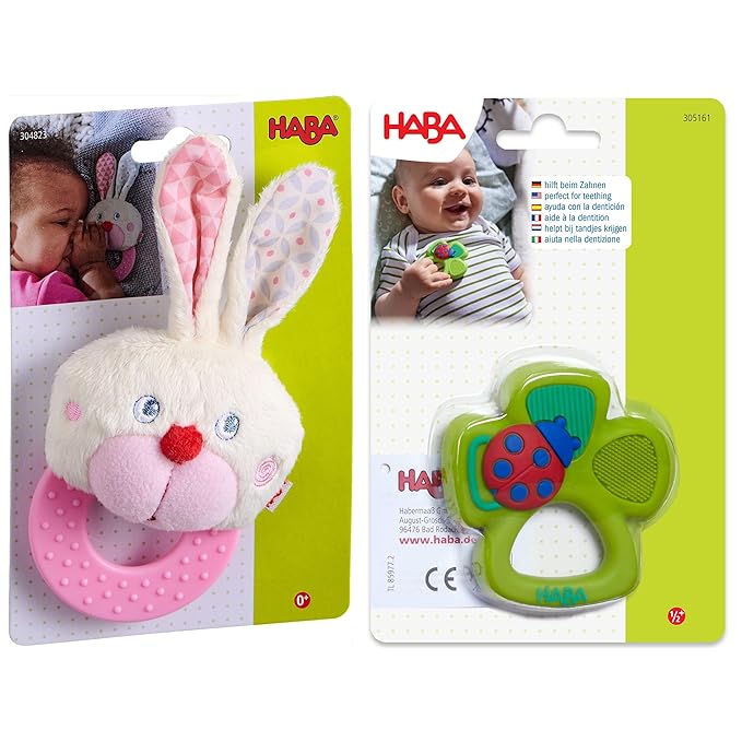 HABA Spring Teething Toys Bundle Includes: Easter Gifts for Babies Bunny Teether and St Patrick's Day Gifts Shamrock Silicone Baby Teething Toy, Infant Easter Basket Stuffers and Sensory Play