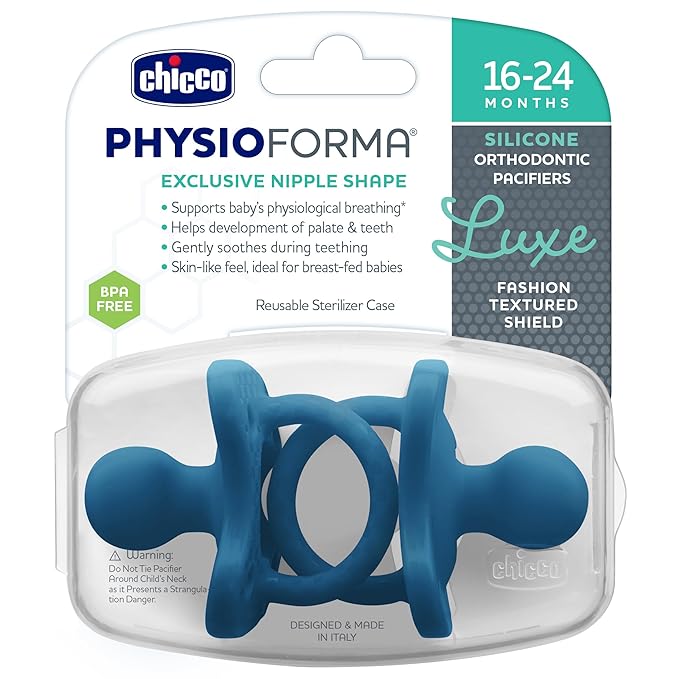 Chicco PhysioForma Luxe Orthodontic Pacifier for Babies 16-24 Months, One-Piece 100% Soft Silicone, Supports Breathing, Textured Shield & Handle, Sterilizing Case, BPA Free, 2-Pack, Ocean Blue