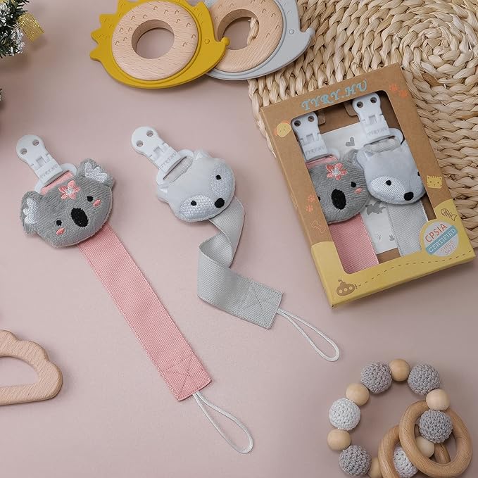 TYRY.HU Pacifier Clip for Baby Girls, 2 Pack Neutral Pacifier Holder Clip for Boys, Soft Webbing Soothie Stuffed Animal Binky Clips Fit All Pacifiers, Cute Baby Birthday Christmas Gift (Koala, Fox)