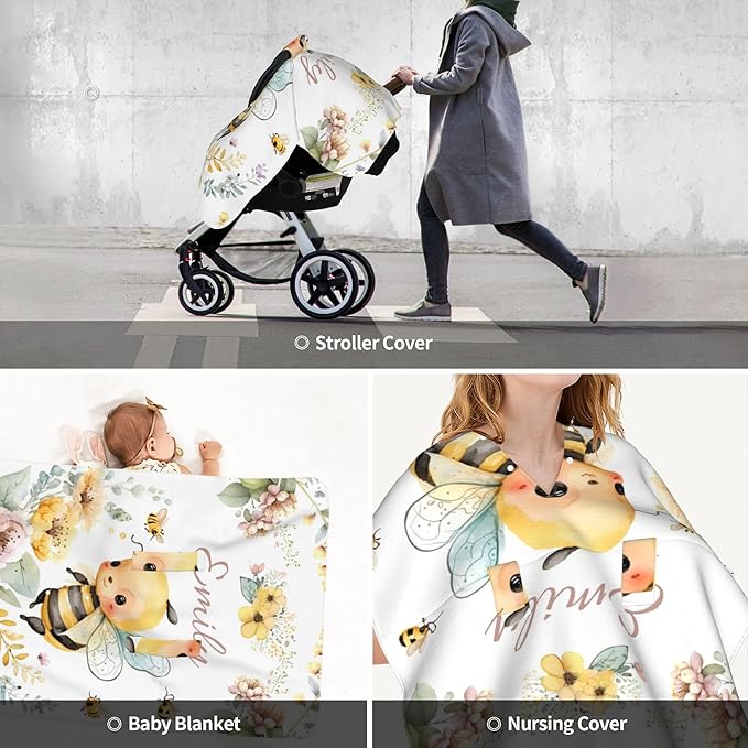 Personalized Winter Carseat Cover for Baby Custom Name Car Seat Canopy for Newborn Baby Boys Girls 2 in 1 Mom Nursing Breastfeeding Covers Bee Minky Baby Carrier Stroller Covers