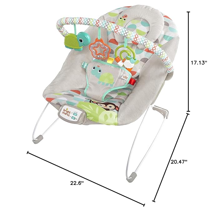 Bright Starts Baby Bouncer Soothing Vibrations Infant Seat - Taggies, Music, Removable -Toy Bar, 0-6 Months Up to 20 lbs (Happy Safari)