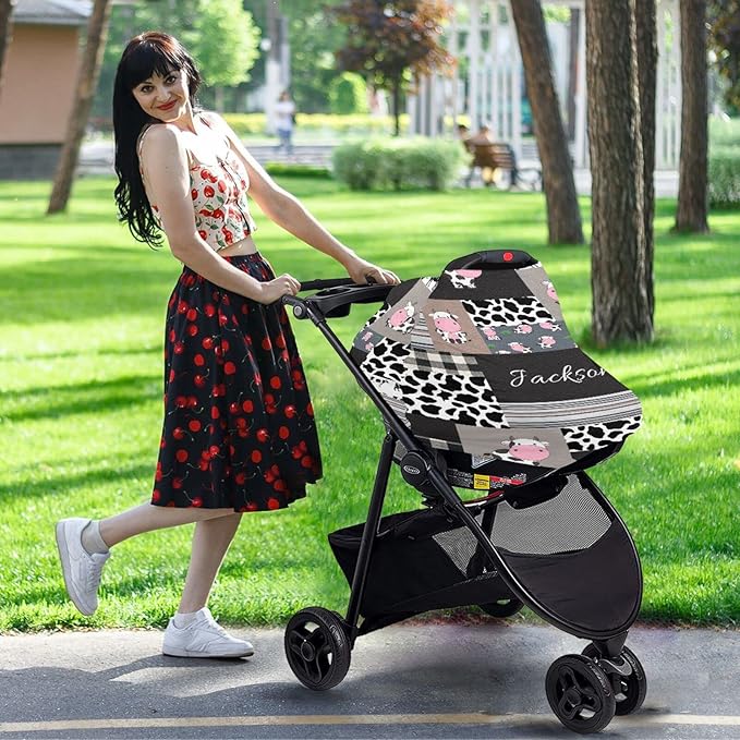 Personalized Baby Car Seat Cover for Boys Girls, Custom Nursing Covers for Breastfeeding with Name, Infant Stroller Cover, Baby Carseat Canopy for Newborn, Multiuse Car Seat Canopies, Cute Cow Plaid