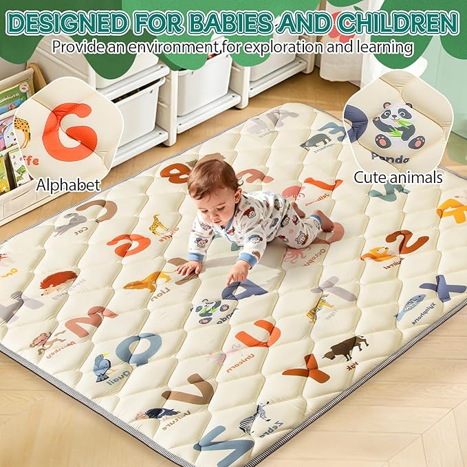 Baby Play Mats for Floor 47"x47" - Foam Mat - Thick Infant Floor Play Mat & Machine Washable - Animals Alphabet