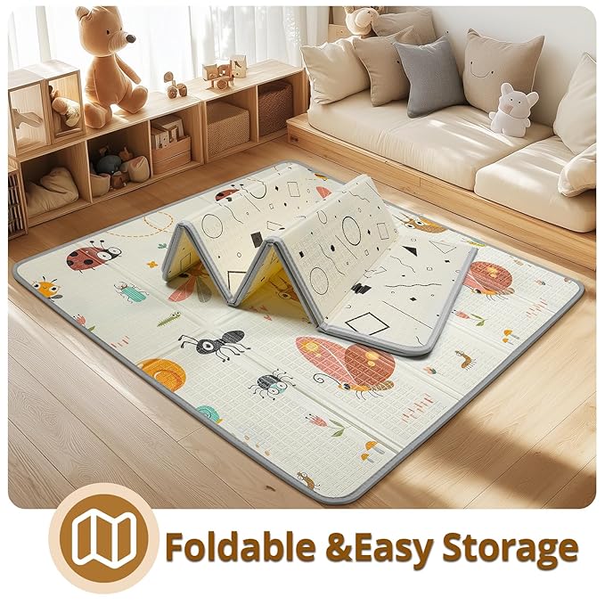 Foldable Baby Play Mat - PIGLOG 50X50 Waterproof Playpen Mat for Babies and Toddlers Kids, Safe Foam Playmat for Tummy Time, Reversible Playmats, Portable Baby Floor Mat for Infant, Dragonfly