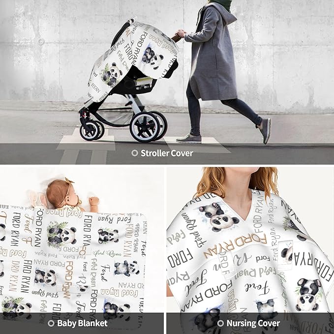 Personalized Winter Baby Car Seat Cover with Name Panda Winter Car Seat Cover for Baby Seat or Stroller Custom Infant Car Seat Covers Minky Blankets Nursing Cover Breastfeeding Scarf