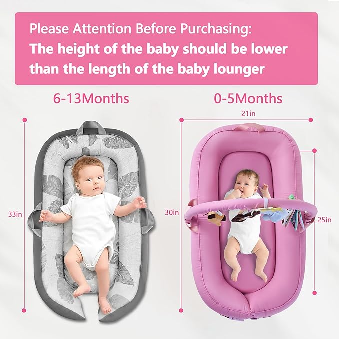 Portable Baby Lounger for Travel,Breathable & Comfortable 100% Cotton Infant Lounger, Baby Nest 0-24 Months Machine-Washable Newborn Lounger,Newborn Essentials,Supervised Use