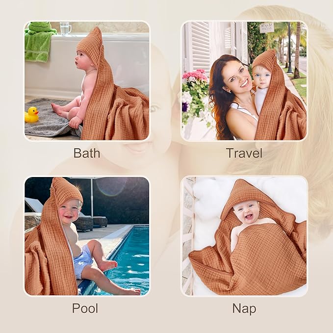 Hooded Baby Bath Towels 2 Pack 32x32 Inch, 100% Cotton Soft & Highly Absorbent, Pink & Linen Neutral Colors, Baby Towel Set with Wash Mitts, Gentle for Newborn, Infant & Toddler