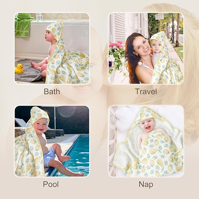 Hooded Baby Bath Towels 2 Pack 32x32 Inch, 100% Cotton Soft & Highly Absorbent, Cute Starry Waves & Pear Prints, Baby Towel Set with Wash Mitts, Gentle for Newborn, Infant & Toddler