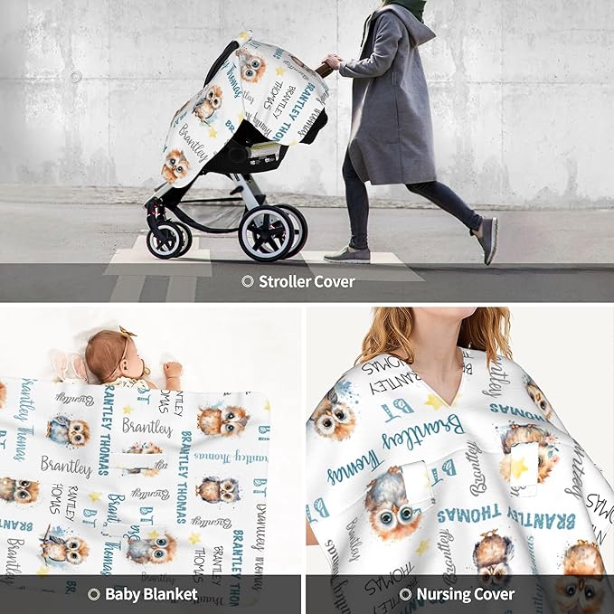 Personalized Baby Car Seat Cover Winter Custom Minky Carseat Cover Boy Girls with Name Owl Carseat Canopy Customized Car Seat Canopy Infant Carrier Covers Nursing Cover Toddler Blanket