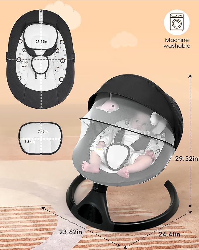 Baby Swing for Infants to Toddler Electric Newborn Swing with 5-Speed 5-Point Carabiner,with Bluetooth Music 10-Preset Melodies, Indoor and Outdoor use Black