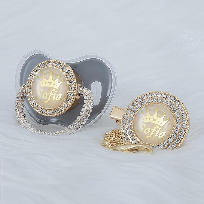 Personalized Name Anniversary All Bling Pacifier and Clip Set Gold Plated New Born Gift Photography No for Daily Use (Gray)