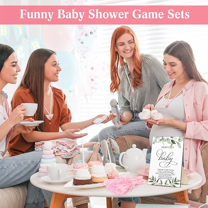 Geetery 51 Pcs Don't Say Baby Game Sign Greenery Cool Baby Shower Game 50 Pacifier Necklace Wooden Don't Say Sign Plastic Pacifier Party Favor for Gender Reveal(Greenery,Pink)