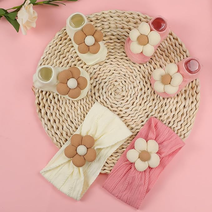 KEAINVRN Baby Girl Headbands and Socks,Non-Slip Grips Socks Flower Soft Hairbands Hair Accessories for Infant Toddler Kids (US, Age, 6 Months, 12 Months, pink beige)