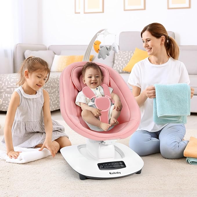 Ezebaby Electric Baby Swing for Infants with 5 Unique Motions, 5 Speeds, Lullabies, Bluetooth Enabled, Smart Baby Swings for Newborn with 5-Point Harness & Remote Control for 0-9 Months, Pink