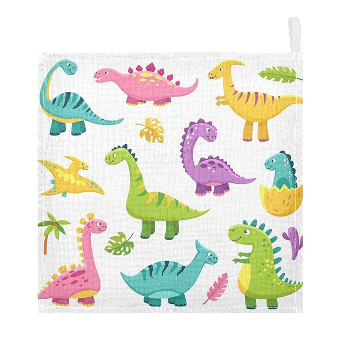 Cartoon Dinosaur Baby Muslin Washcloths Cute Burp Cloths Soft Absorbent Baby Wash Cloth Fingertip Face Towels for Newborn Boys Girls 12 x 12 in, 3 Pack