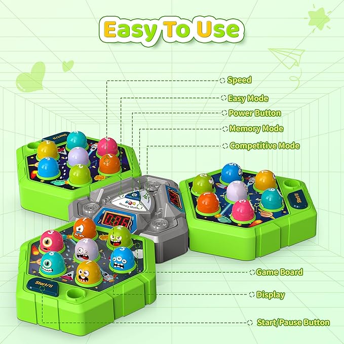 Whack Game Mole for Toddlers, Toys for 3-12 Year Old Boys Girls, Interactive Educational Multiplayer Toys with 3 Modes & 3 Hammers, Sound & Light, Birthday Xmas Gifts for 3 4 5 6 7+ Year Old Boys Girl