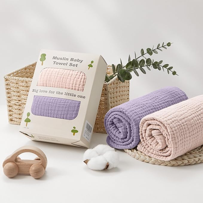 Susurration Hooded Baby Towels for Newborn 2 Pack 100% Muslin Cotton Towel for Babies,Highly Absorbent and Newborn Essential 30x30 Inch Pink&Purple