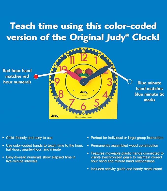Carson Dellosa 13" x 12" Judy Clock, Learn to Tell Time with Color Coded Clock Hands, Analog Time Telling for Kids, Hands-On Learning Education Classroom and Homeschool Supplies