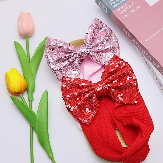 Baby Headbands, 2PCS Pink and Red Bows Polyester Hair Accessories for Baby Girls 0-6 Months, One Size Fits All, Valentine Gift