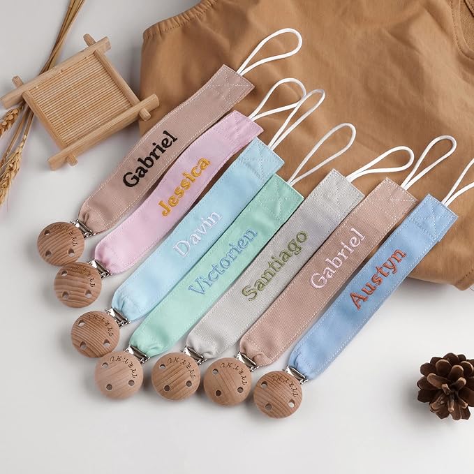 TYRY.HU Personalized Pacifier Clip with Name, Embroidery Ribbon Pacifier Holder for Baby Girls and Boys, Neutral Pacifier Leash Universally Fit All Pacifiers, 2 Pack Baby Gift(Pink, Green)