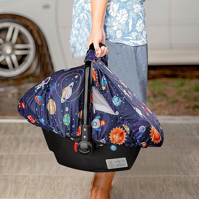SWESEN Car Seat Covers for Babies, Carseat Cover Boy with Zipper, Cozy Sun & Summer Cover, Infant Car Seat Canopy, Carseat Privacy Cover with 2 Layers, Space Planet