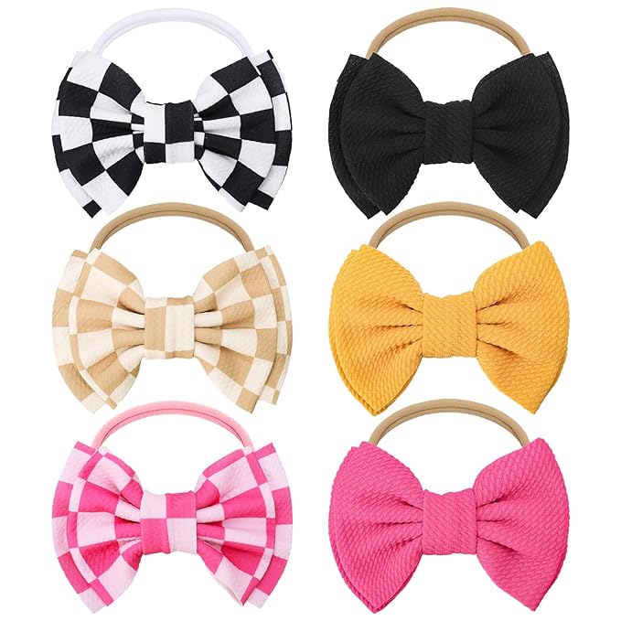 JATEBI 6 PCS Baby Girl Hair Bows Set Checkered Cow Print Bows Headbands for Girls Cowgirl Accessories Newborn Toddler Baby Outfits Checkered