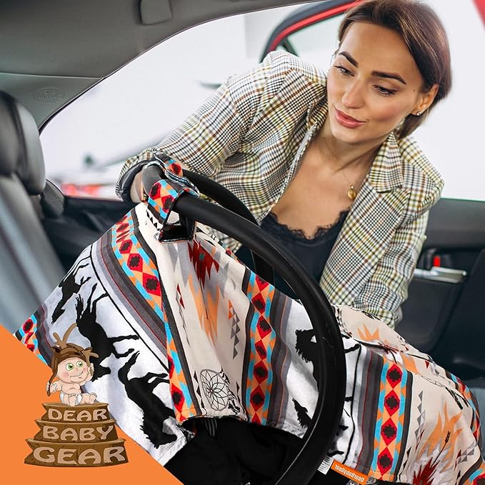 Dear Baby Gear - Baby Car Seat Canopy - Infant Car Seats Covers - Carseat Canopies for Boys and Girls - Toddler Carseat Cover with Snap Opening 40"x30"(Southwestern Tribal Horses - Reversible)