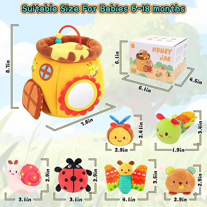 Baby Toys 6-12 Months - Soft Honey Jar with 6 Sensory Insect Stuffed Animals Montessori Plush Toys W/Rattle, Crinkle Paper, Mirror for Toddlers 1 2 3 Year Motor Skills Developmental