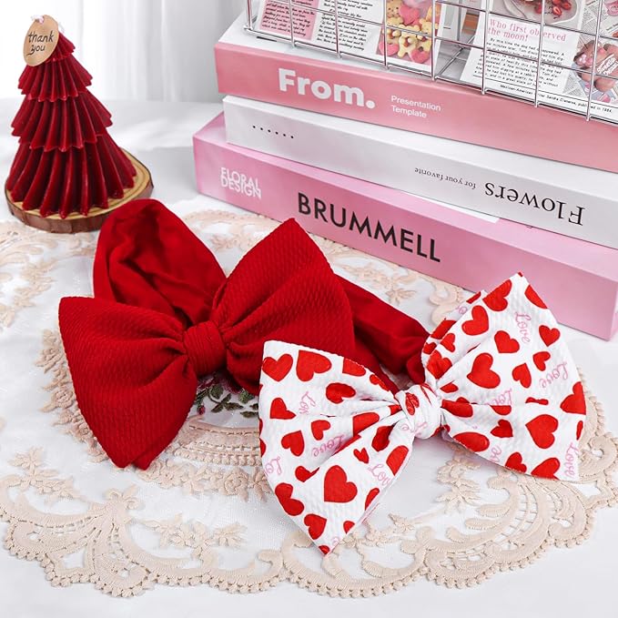 Valentines Baby Bow Headbands for Girls Waffle Tied Bow Hairbands Handmade Cute Red Love Heart Head Wraps Hair Accessories for Infant Toddler Kid 2Pcs