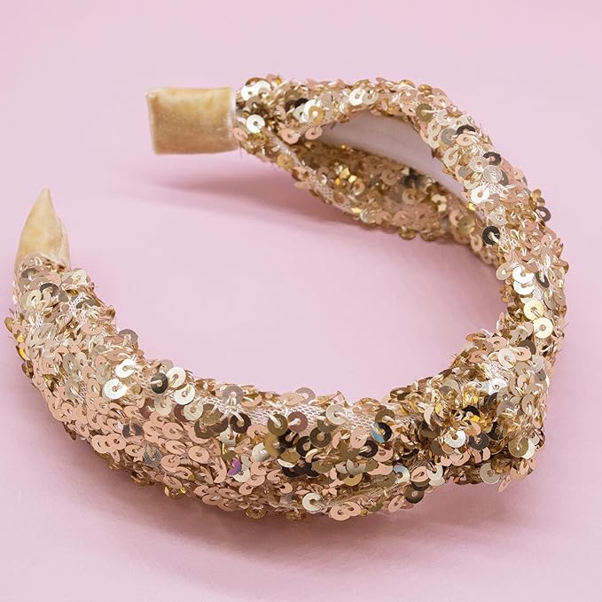 FROG SAC Sequin Knot Headband for Girls - Gold Knotted Head Bands for Kids, Sparkly Little Girl Headbands, Cute Tween Beaded Hair Band Accessories, Easter Basket Fillers Stocking Stuffers