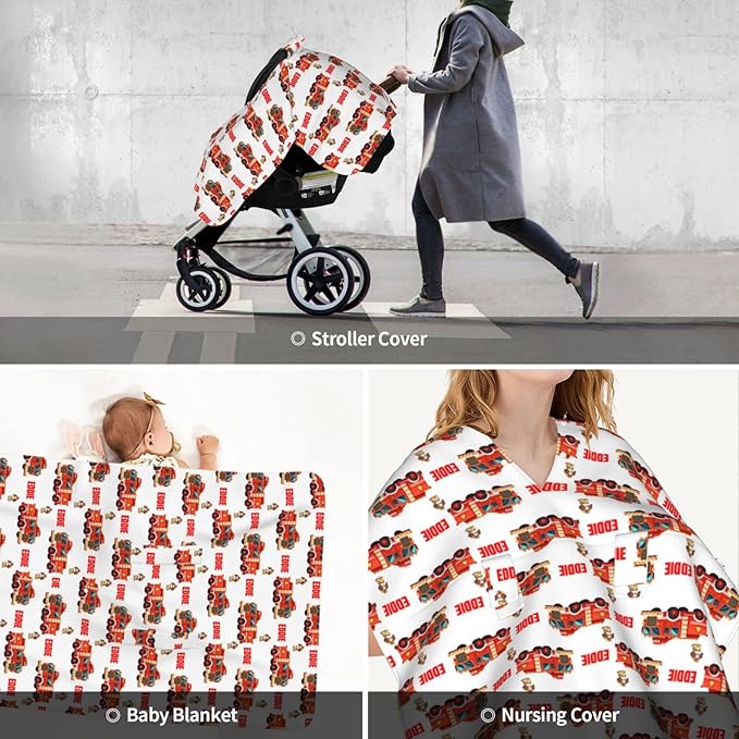 Personalized Baby Car Seat Canopy for Babies with Name, Custom Car Seat Covers for Boys Girls, Infant Opening Minky Nursing Breastfeeding Stroller Cover Carseat Canopies for Newborn (Firetruck)