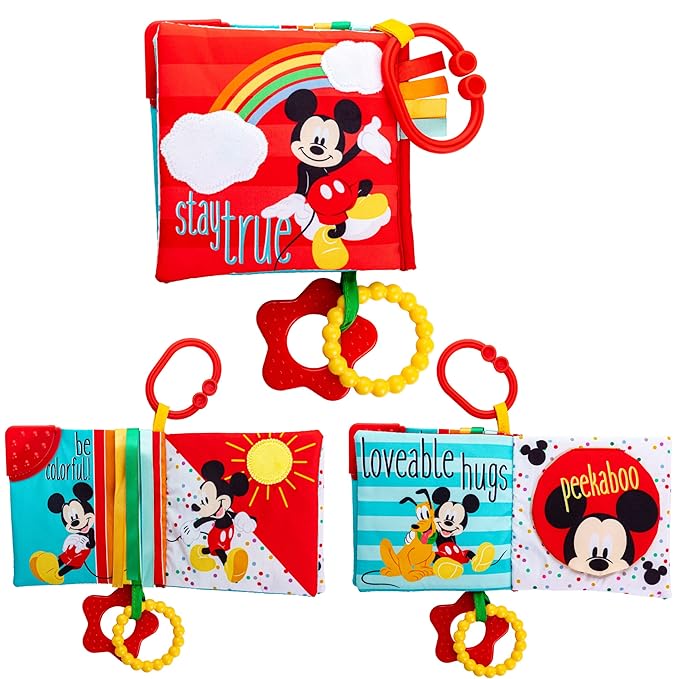 Kids Preferred Disney Baby Mickey Mouse Colorful Crinkle Soft Book with Teething Corner and On-The-Go Clip for Babies