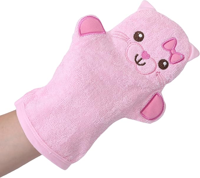 JN&LULU Baby Organics Bath Mitt Toddlers Bath Cotton and Soft Scrub Bathing Loofah Baby Shower Gifts (Pink Cat)