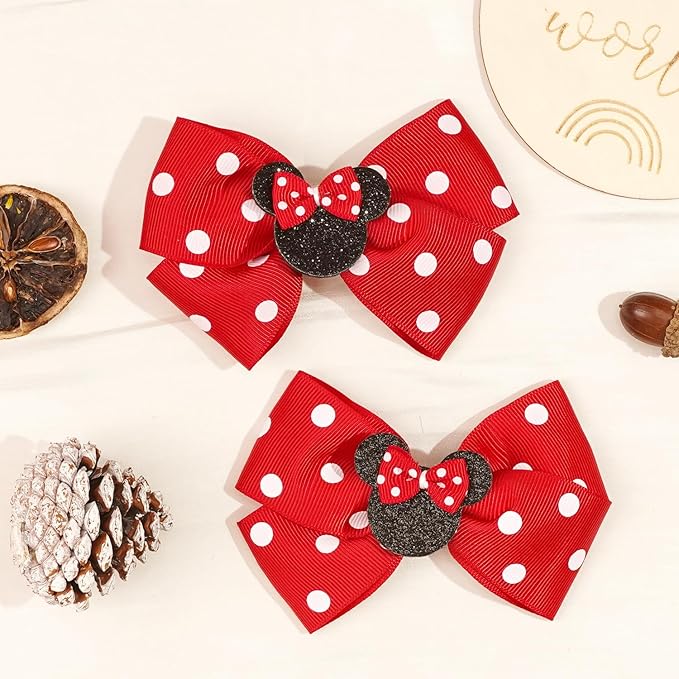 2 Pairs Red Mouse Ears Hair Clips & Mouse Hair Bows Barrettes for baby Girls Accessories Birthday Party Decorations Gift