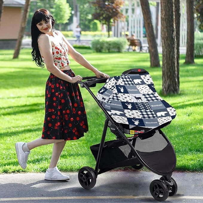 Personalized Baby Car Seat Cover for Boys Girls, Custom Nursing Covers for Breastfeeding with Name, Infant Stroller Cover, Baby Carseat Canopy for Newborn, Multiuse Car Seat Canopies, Woodland Deer