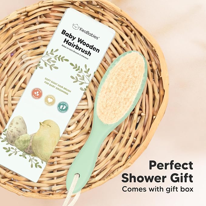 Wooden Baby Hair Brush for Toddler Girls, Boys - Cradle Cap Brush for Babies, Soft Goat Bristles, Perfect Gentle Scalp Newborn Comb for Infant, Girls, Boys, Bath Essentials (Sage, Regular)