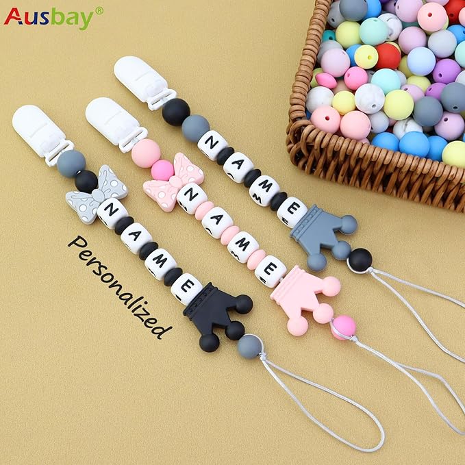 Personalized Pacifier Clip with Name, Ausbay Customized Pacifier Holder Leash with Name (Grey)